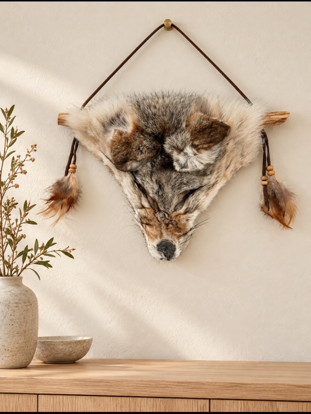 Rustic Brown and Cream genuine Fur Coyote head wall art with Tassel Straps❤️